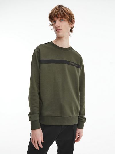 Calvin Klein Ruhák HU021183 | Calvin Klein Organic Cotton Stripe Logo Férfi Pulóver Sötét Olivazöld